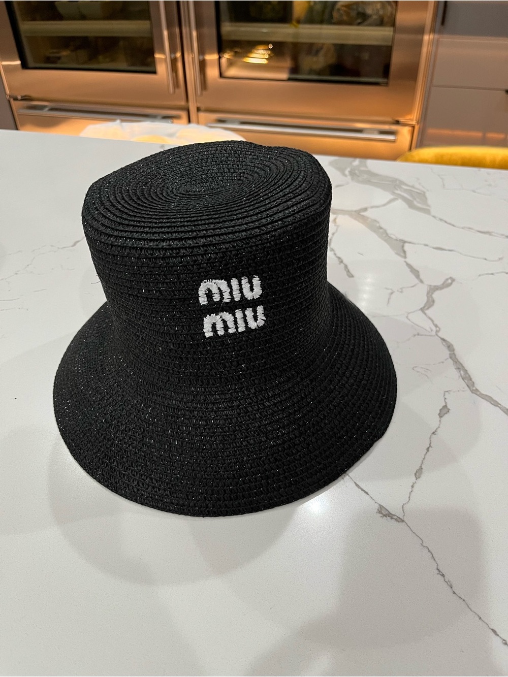 Miu Miu Black Straw Bucket Hat with White Logo